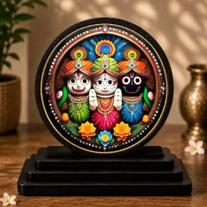 Premium Wooden  Sri Jagannath Balaram Subhadra Showpiece For Car Dashboard & Office Table | 4 X 4.5 Inch Sublimation Printed Decorative Stand | 4 Mm MDF | Home Decor | Made In India (F33334)