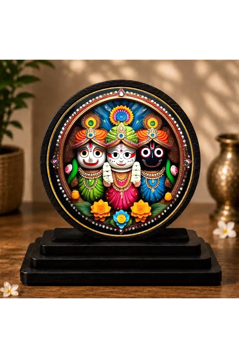 Premium Wooden  Sri Jagannath Balaram Subhadra Showpiece For Car Dashboard & Office Table | 4 X 4.5 Inch Sublimation Printed Decorative Stand | 4 Mm MDF | Home Decor | Made In India (F33334)