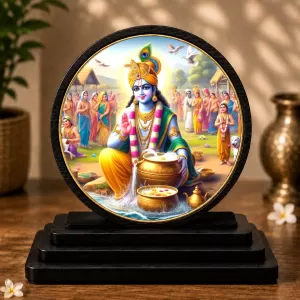 Premium Wooden Lord Krishna Showpiece For Car Dashboard & Office Table | 4 X 4.5 Inch Sublimation Printed Decorative Stand | 4 Mm MDF | Home Decor | Made In India (F33337)