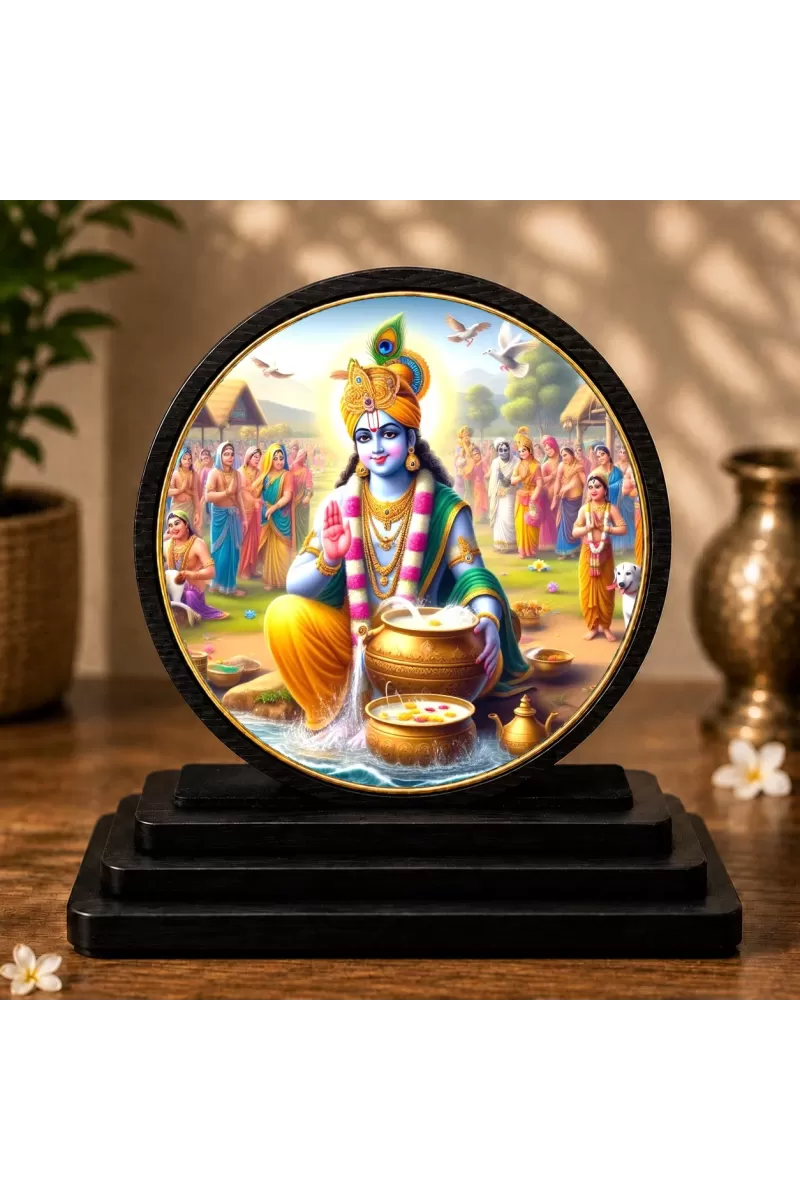 Premium Wooden Lord Krishna Showpiece For Car Dashboard & Office Table | 4 X 4.5 Inch Sublimation Printed Decorative Stand | 4 Mm MDF | Home Decor | Made In India (F33337)