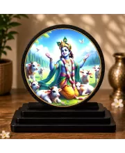 Premium Wooden Lord Krishna Showpiece For Car Dashboard & Office Table | 4 X 4.5 Inch Sublimation Printed Decorative Stand | 4 Mm MDF | Home Decor | Made In India (F33340)