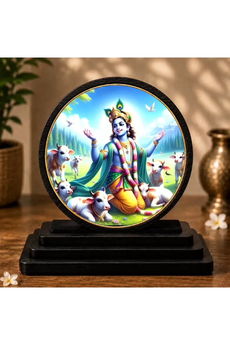 Premium Wooden Lord Krishna Showpiece For Car Dashboard & Office Table | 4 X 4.5 Inch Sublimation Printed Decorative Stand | 4 Mm MDF | Home Decor | Made In India (F33340)