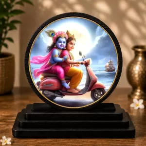 Premium Wooden Radha Krishna Showpiece For Car Dashboard & Office Table | 4 X 4.5 Inch Sublimation Printed Decorative Stand | 4 Mm MDF | Home Decor | Made In India (F33342)