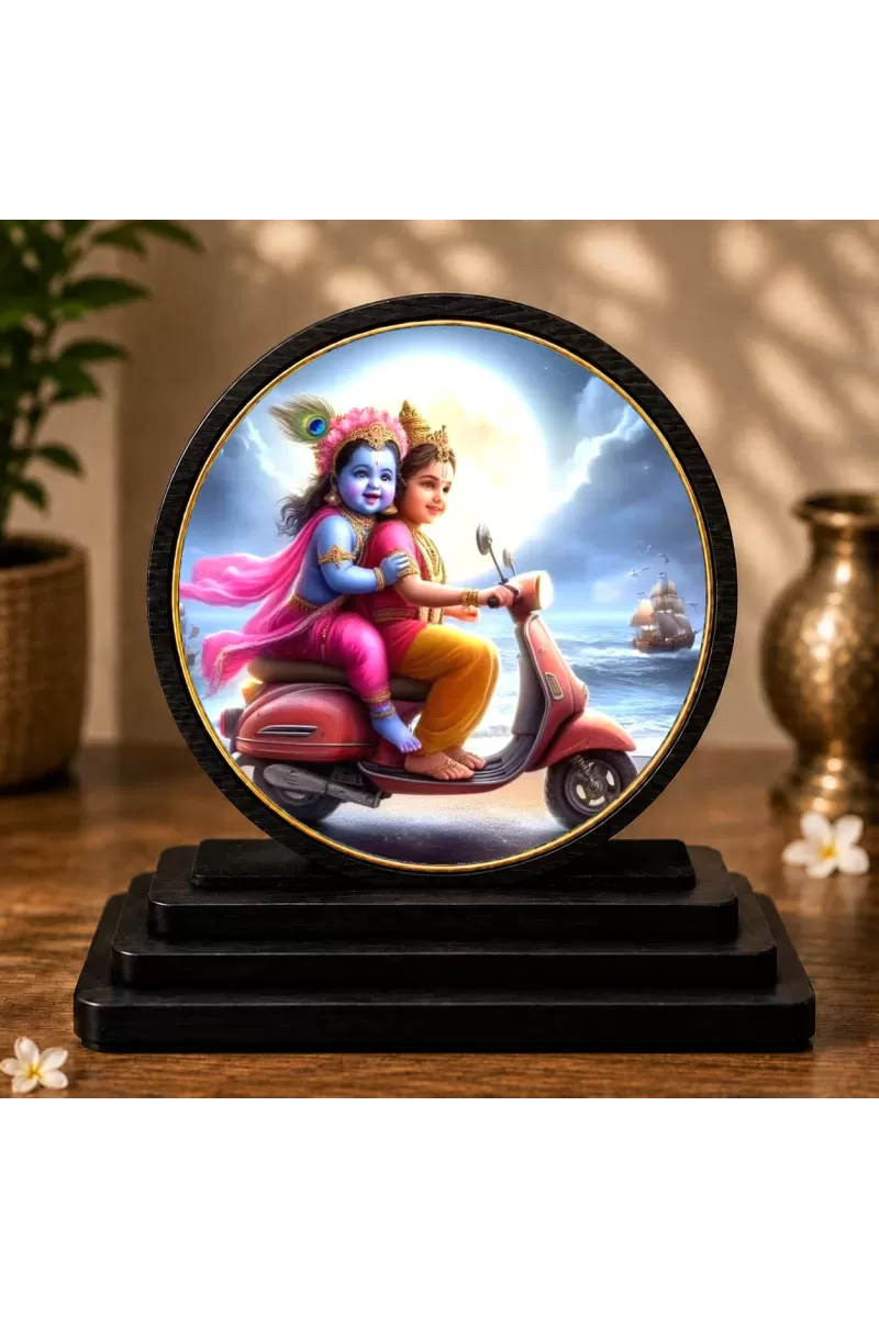 Premium Wooden Radha Krishna Showpiece For Car Dashboard & Office Table | 4 X 4.5 Inch Sublimation Printed Decorative Stand | 4 Mm MDF | Home Decor | Made In India (F33342)