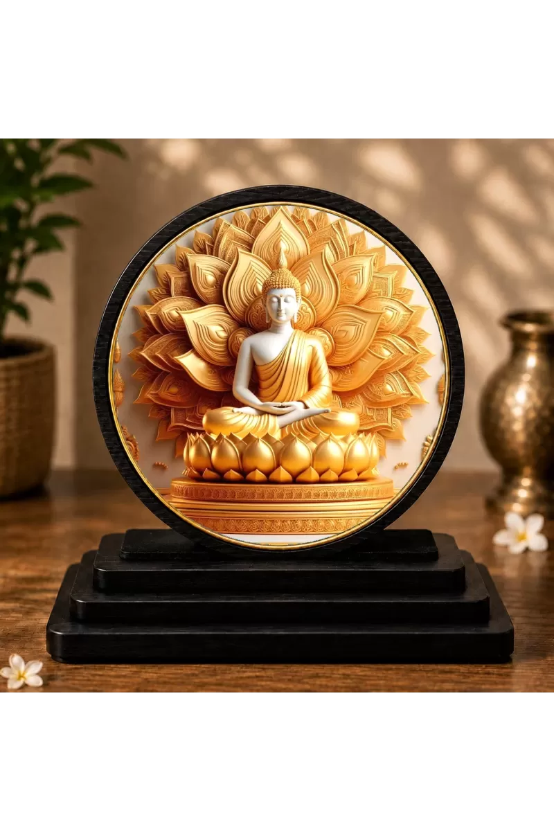 Premium Wooden Gautam Buddha Showpiece For Car Dashboard & Office Table | 4 X 4.5 Inch Sublimation Printed Decorative Stand | 4 Mm MDF | Home Decor | Made In India (F33343)