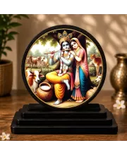 Premium Wooden Radha Krishna Showpiece For Car Dashboard & Office Table | 4 X 4.5 Inch Sublimation Printed Decorative Stand | 4 Mm MDF | Home Decor | Made In India (F33345)