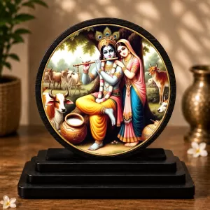 Premium Wooden Radha Krishna Showpiece For Car Dashboard & Office Table | 4 X 4.5 Inch Sublimation Printed Decorative Stand | 4 Mm MDF | Home Decor | Made In India (F33345)