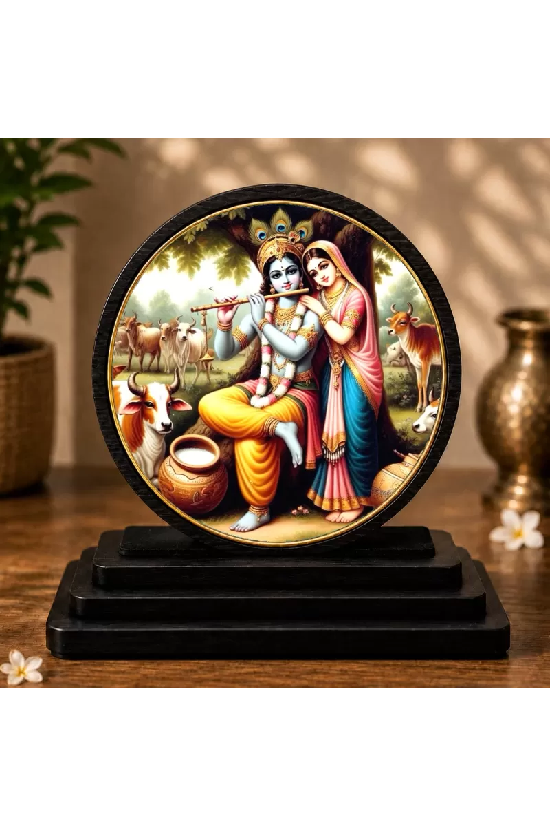Premium Wooden Radha Krishna Showpiece For Car Dashboard & Office Table | 4 X 4.5 Inch Sublimation Printed Decorative Stand | 4 Mm MDF | Home Decor | Made In India (F33345)
