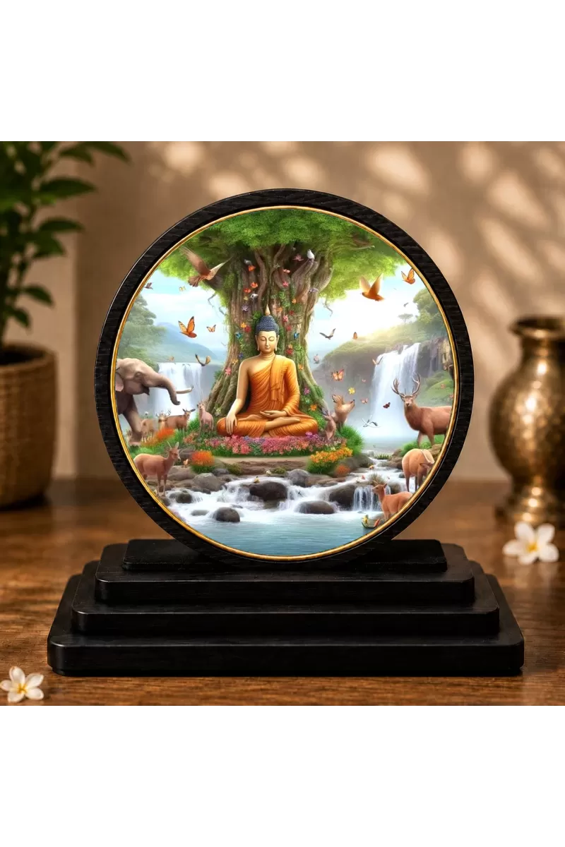 Premium Wooden Gautam Buddha Showpiece For Car Dashboard & Office Table | 4 X 4.5 Inch Sublimation Printed Decorative Stand | 4 Mm MDF | Home Decor | Made In India (F33347)