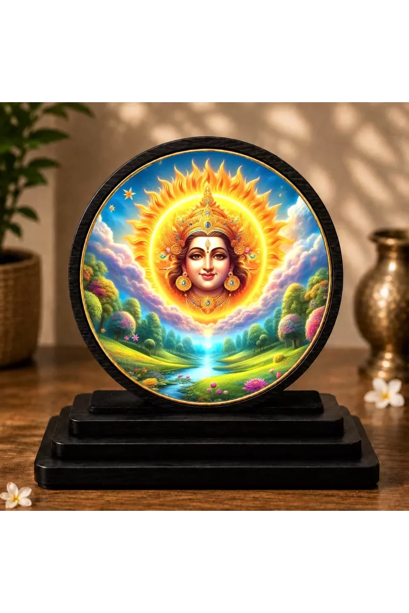 Premium Wooden  Lord Surya Dev Showpiece For Car Dashboard & Office Table | 4 X 4.5 Inch Sublimation Printed Decorative Stand | 4 Mm MDF | Home Decor | Made In India (F33348)