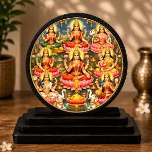 Premium Wooden Ashta Lakshmi Showpiece For Car Dashboard & Office Table | 4 X 4.5 Inch Sublimation Printed Decorative Stand | 4 Mm MDF | Home Decor | Made In India (F33350)