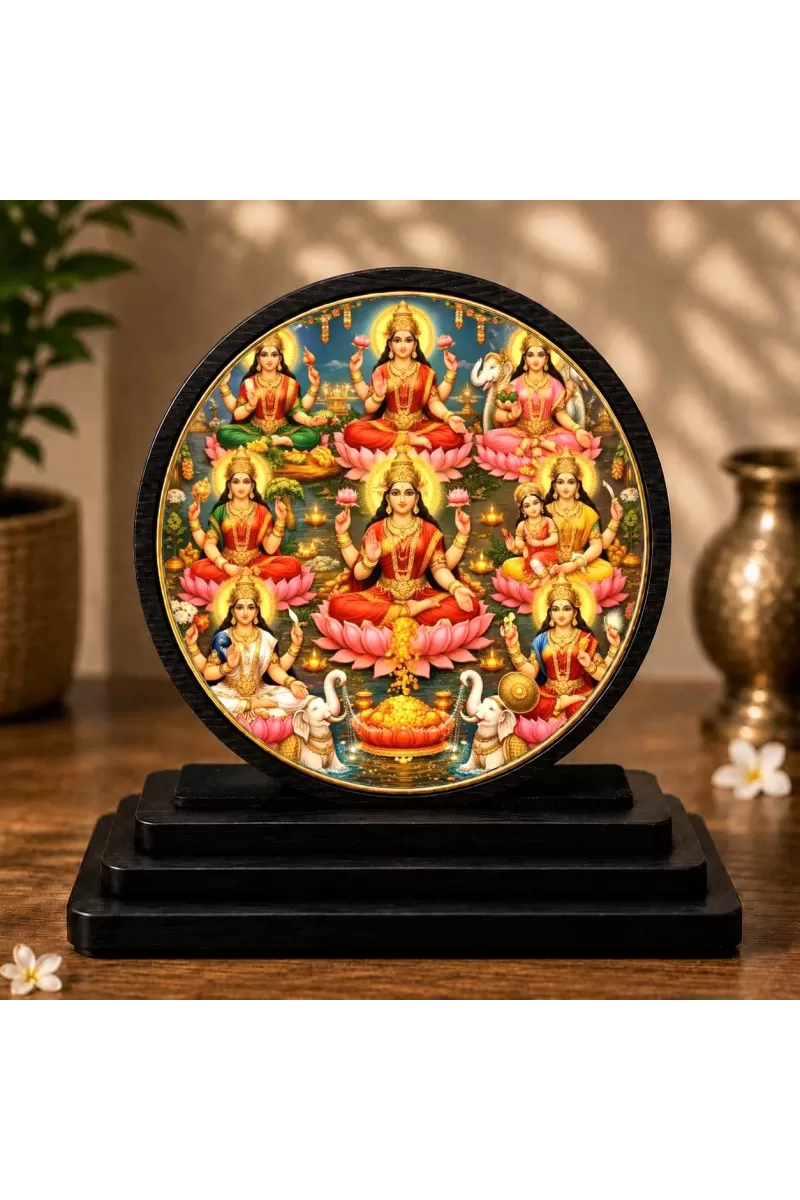 Premium Wooden Ashta Lakshmi Showpiece For Car Dashboard & Office Table | 4 X 4.5 Inch Sublimation Printed Decorative Stand | 4 Mm MDF | Home Decor | Made In India (F33350)