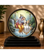 Premium Wooden  Radha Krishna Showpiece For Car Dashboard & Office Table | 4 X 4.5 Inch Sublimation Printed Decorative Stand | 4 Mm MDF | Home Decor | Made In India (F33352)