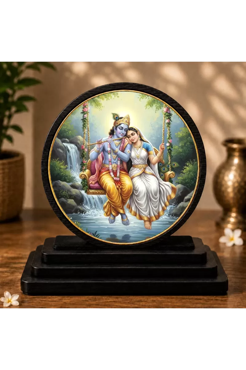 Premium Wooden  Radha Krishna Showpiece For Car Dashboard & Office Table | 4 X 4.5 Inch Sublimation Printed Decorative Stand | 4 Mm MDF | Home Decor | Made In India (F33352)