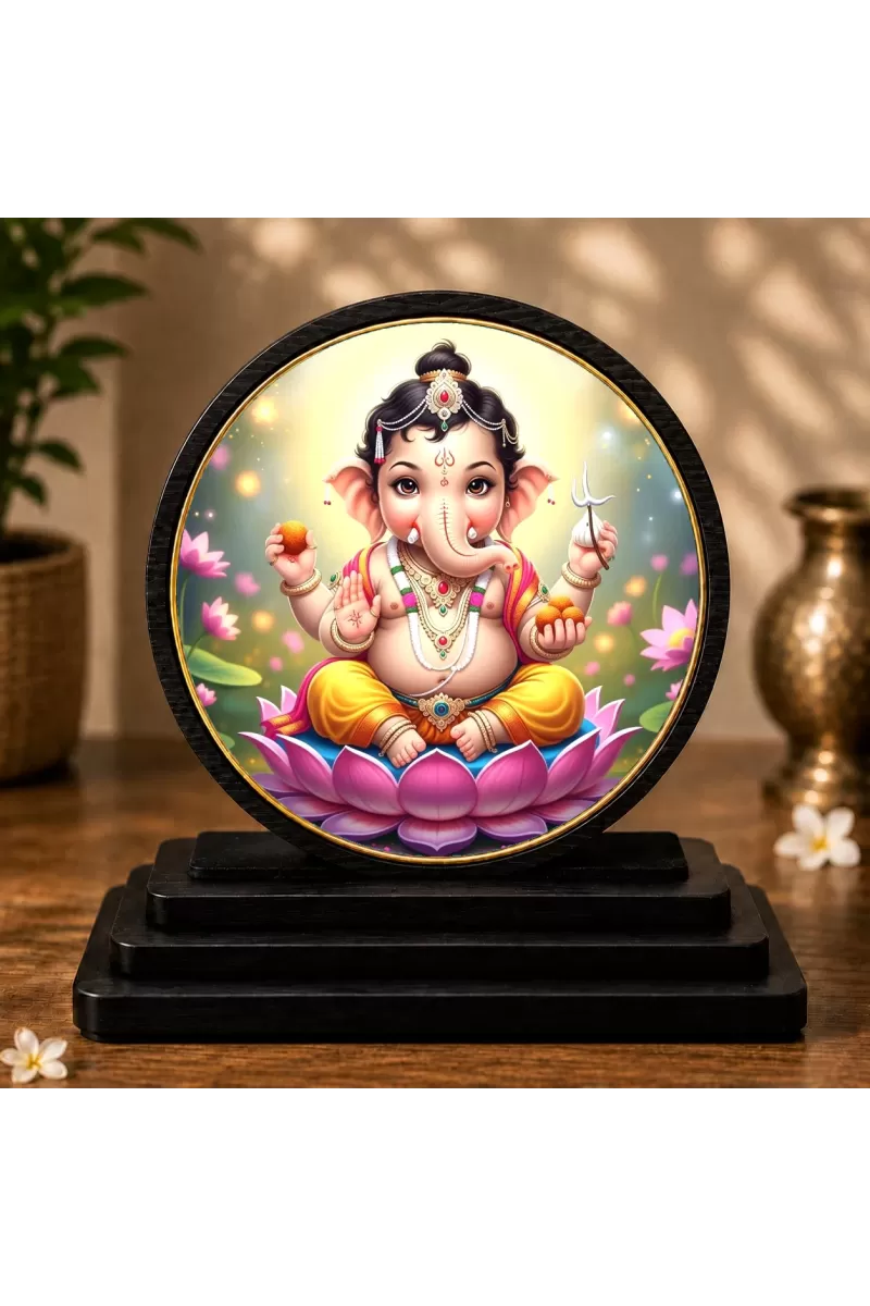 Premium Wooden  Lord Ganesha  Showpiece For Car Dashboard & Office Table | 4 X 4.5 Inch Sublimation Printed Decorative Stand | 4 Mm MDF | Home Decor | Made In India (F33355)