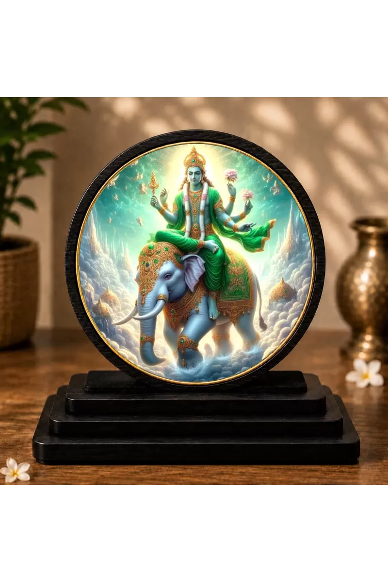 Premium Wooden  Lord Indra Devendra  Showpiece For Car Dashboard & Office Table | 4 X 4.5 Inch Sublimation Printed Decorative Stand | 4 Mm MDF | Home Decor | Made In India (F33358)