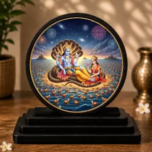 Premium Wooden  Lord Vishnu And Goddess Lakshmi Showpiece For Car Dashboard & Office Table | 4 X 4.5 Inch Sublimation Printed Decorative Stand | 4 Mm MDF | Home Decor | Made In India (F33359)