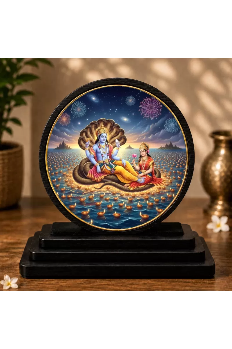 Premium Wooden  Lord Vishnu And Goddess Lakshmi Showpiece For Car Dashboard & Office Table | 4 X 4.5 Inch Sublimation Printed Decorative Stand | 4 Mm MDF | Home Decor | Made In India (F33359)