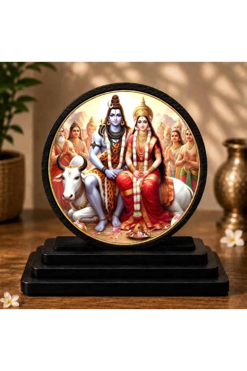 Premium Wooden Lord Shiva And Goddess Parvati Showpiece For Car Dashboard & Office Table | 4 X 4.5 Inch Sublimation Printed Decorative Stand | 4 Mm MDF | Home Decor | Made In India (F33360)