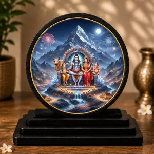 Premium Wooden Shiv Parivar Showpiece For Car Dashboard & Office Table | 4 X 4.5 Inch Sublimation Printed Decorative Stand | 4 Mm MDF | Home Decor | Made In India (F33361)