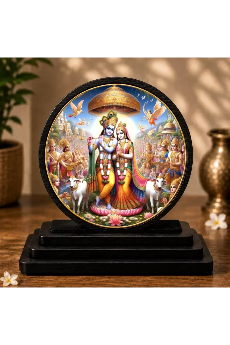 Premium Wooden  Radha Krishna Showpiece For Car Dashboard & Office Table | 4 X 4.5 Inch Sublimation Printed Decorative Stand | 4 Mm MDF | Home Decor | Made In India (F33363)