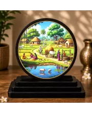 Premium Wooden  Indian Village Landscape Showpiece For Car Dashboard & Office Table | 4 X 4.5 Inch Sublimation Printed Decorative Stand | 4 Mm MDF | Home Decor | Made In India (F33364)