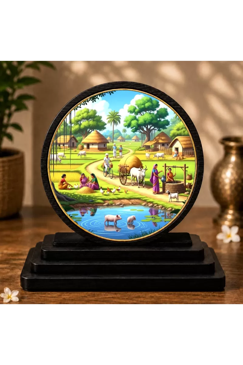 Premium Wooden  Indian Village Landscape Showpiece For Car Dashboard & Office Table | 4 X 4.5 Inch Sublimation Printed Decorative Stand | 4 Mm MDF | Home Decor | Made In India (F33364)