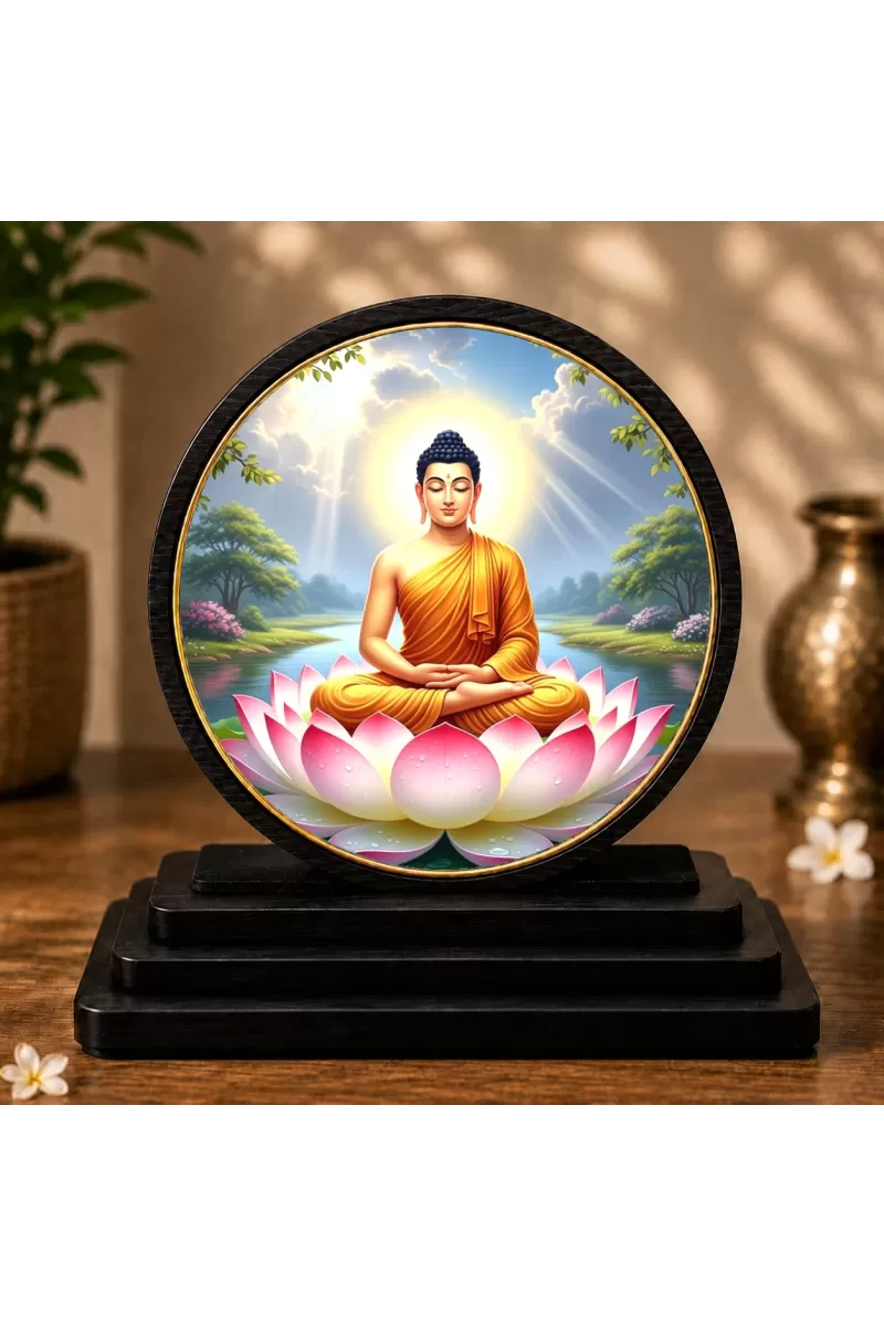 Premium Wooden Gautam Buddha Showpiece For Car Dashboard & Office Table | 4 X 4.5 Inch Sublimation Printed Decorative Stand | 4 Mm MDF | Home Decor | Made In India (F33367)