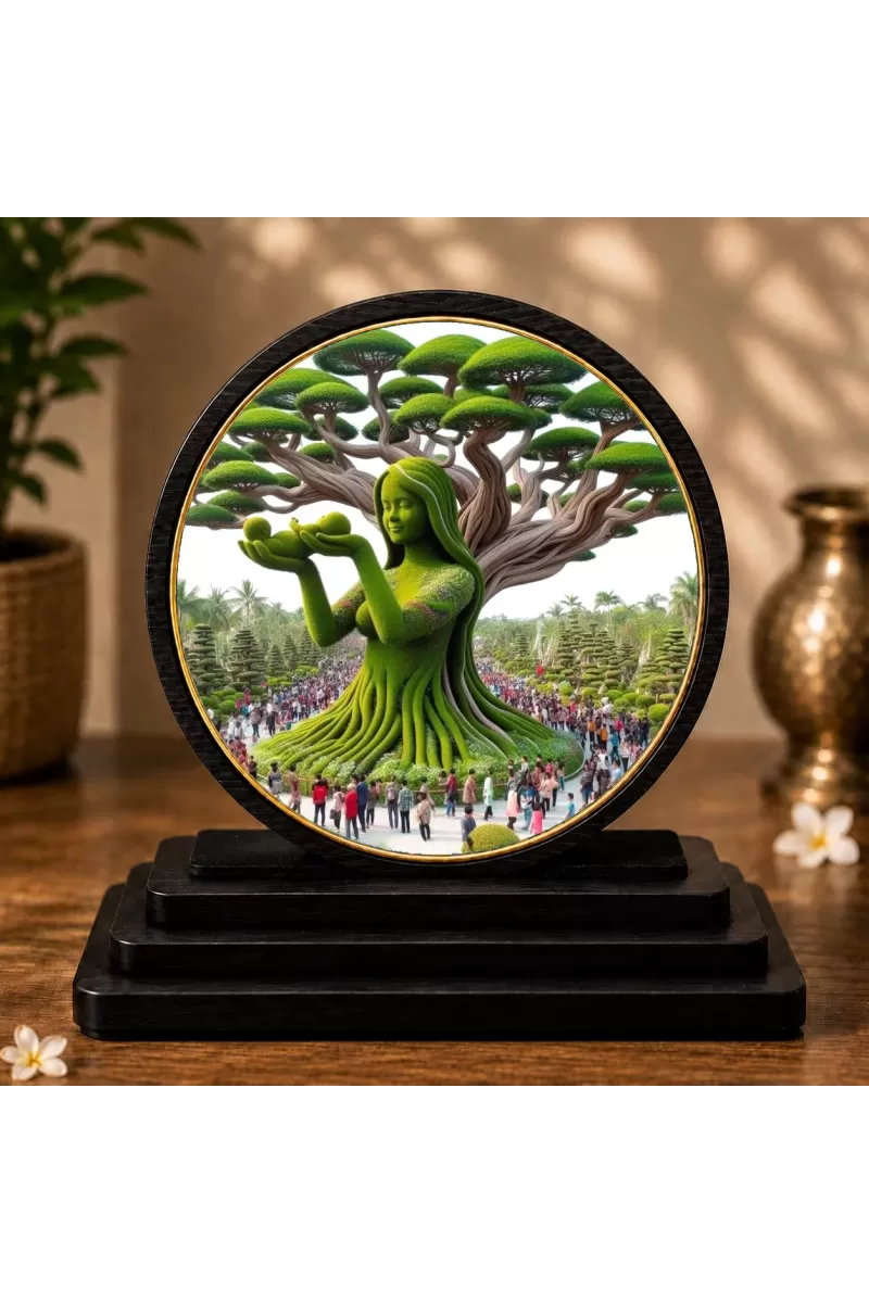 Premium Wooden Green Artwork Showpiece For Car Dashboard & Office Table | 4 X 4.5 Inch Sublimation Printed Decorative Stand | 4 Mm MDF | Home Decor | Made In India (F33369)