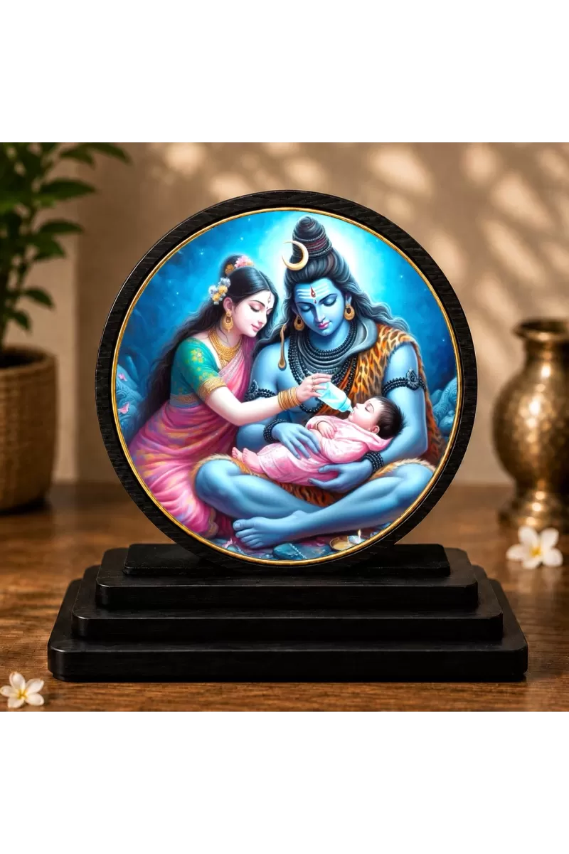Premium Wooden  Shiva Family Showpiece For Car Dashboard & Office Table | 4 X 4.5 Inch Sublimation Printed Decorative Stand | 4 Mm MDF | Home Decor | Made In India (F33370)