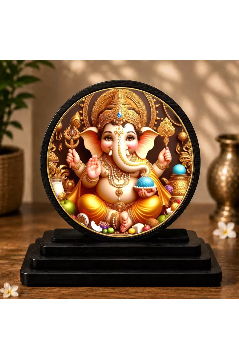 Premium Wooden Lord Ganesha Showpiece For Car Dashboard & Office Table | 4 X 4.5 Inch Sublimation Printed Decorative Stand | 4 Mm MDF | Home Decor | Made In India (F33371)