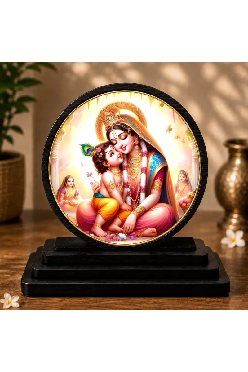 Premium Wooden Maa Yashoda And Little Krishna Showpiece For Car Dashboard & Office Table | 4 X 4.5 Inch Sublimation Printed Decorative Stand | 4 Mm MDF | Home Decor | Made In India (F33375)