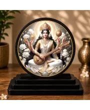 Premium Wooden Goddess Saraswati Showpiece For Car Dashboard & Office Table | 4 X 4.5 Inch Sublimation Printed Decorative Stand | 4 Mm MDF | Home Decor | Made In India (F33378)