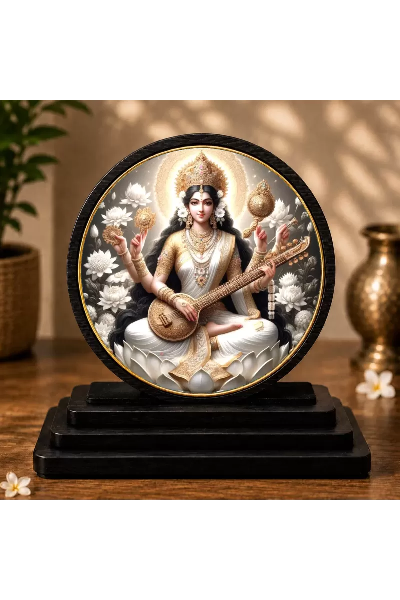 Premium Wooden Goddess Saraswati Showpiece For Car Dashboard & Office Table | 4 X 4.5 Inch Sublimation Printed Decorative Stand | 4 Mm MDF | Home Decor | Made In India (F33378)