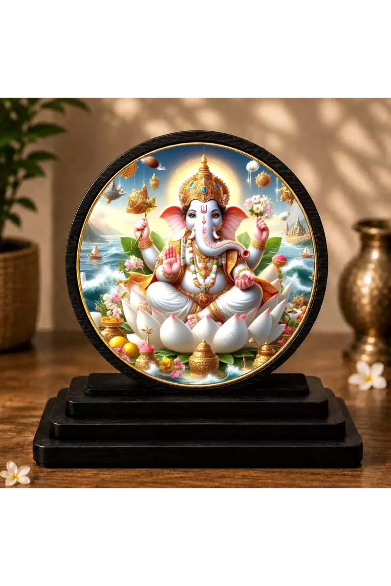 Premium Wooden Lord Ganeha Showpiece For Car Dashboard & Office Table | 4 X 4.5 Inch Sublimation Printed Decorative Stand | 4 Mm MDF | Home Decor | Made In India (F33380)