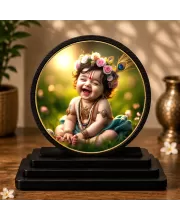 Premium Wooden Bal Krishna Showpiece For Car Dashboard & Office Table | 4 X 4.5 Inch Sublimation Printed Decorative Stand | 4 Mm MDF | Home Decor | Made In India (F33381)