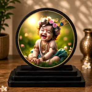 Premium Wooden Bal Krishna Showpiece For Car Dashboard & Office Table | 4 X 4.5 Inch Sublimation Printed Decorative Stand | 4 Mm MDF | Home Decor | Made In India (F33381)
