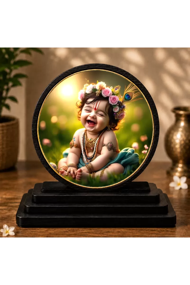 Premium Wooden Bal Krishna Showpiece For Car Dashboard & Office Table | 4 X 4.5 Inch Sublimation Printed Decorative Stand | 4 Mm MDF | Home Decor | Made In India (F33381)