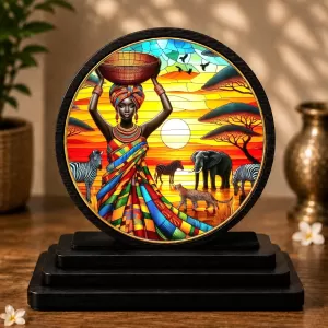 Premium Wooden African Tribal Art Showpiece For Car Dashboard & Office Table | 4 X 4.5 Inch Sublimation Printed Decorative Stand | 4 Mm MDF | Home Decor | Made In India (F33383)