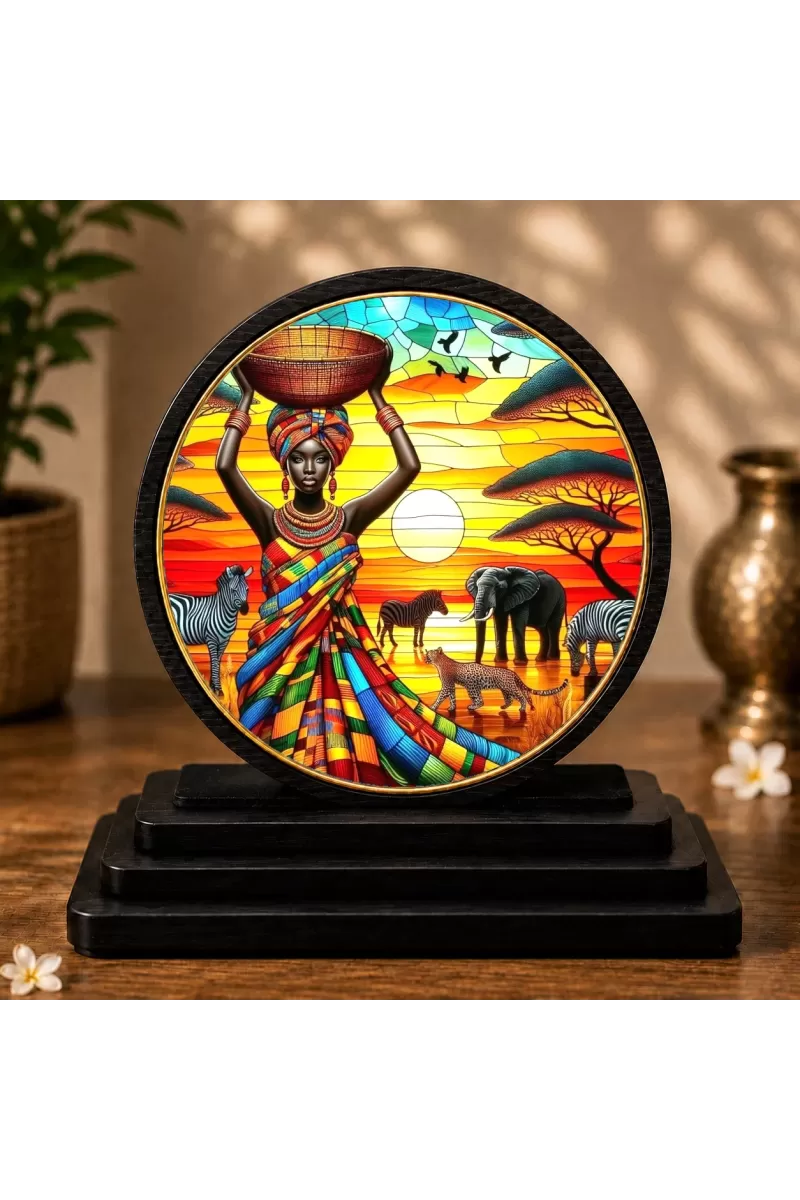 Premium Wooden African Tribal Art Showpiece For Car Dashboard & Office Table | 4 X 4.5 Inch Sublimation Printed Decorative Stand | 4 Mm MDF | Home Decor | Made In India (F33383)