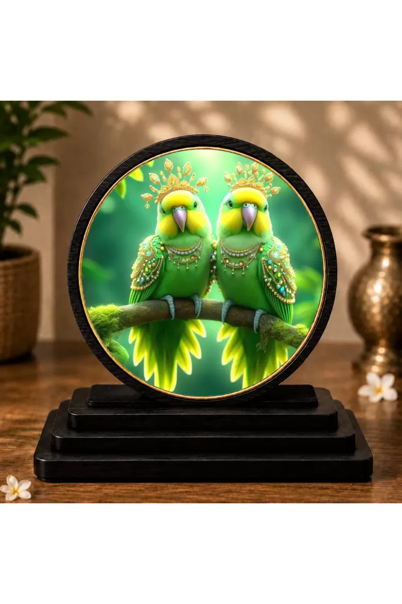 Premium Wooden Parrot Pair Showpiece For Car Dashboard & Office Table | 4 X 4.5 Inch Sublimation Printed Decorative Stand | 4 Mm MDF | Home Decor | Made In India (F33384)