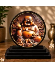 Premium Wooden  Laughing Buddha Showpiece For Car Dashboard & Office Table | 4 X 4.5 Inch Sublimation Printed Decorative Stand | 4 Mm MDF | Home Decor | Made In India (F33387)