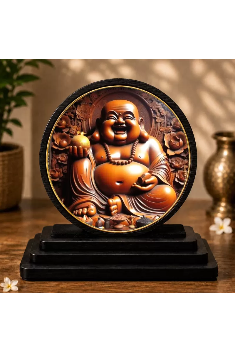 Premium Wooden  Laughing Buddha Showpiece For Car Dashboard & Office Table | 4 X 4.5 Inch Sublimation Printed Decorative Stand | 4 Mm MDF | Home Decor | Made In India (F33387)