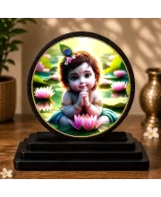 Premium Wooden Bal Krishna Showpiece For Car Dashboard & Office Table | 4 X 4.5 Inch Sublimation Printed Decorative Stand | 4 Mm MDF | Home Decor | Made In India (F33388)