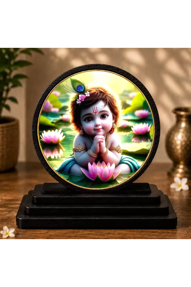 Premium Wooden Bal Krishna Showpiece For Car Dashboard & Office Table | 4 X 4.5 Inch Sublimation Printed Decorative Stand | 4 Mm MDF | Home Decor | Made In India (F33388)
