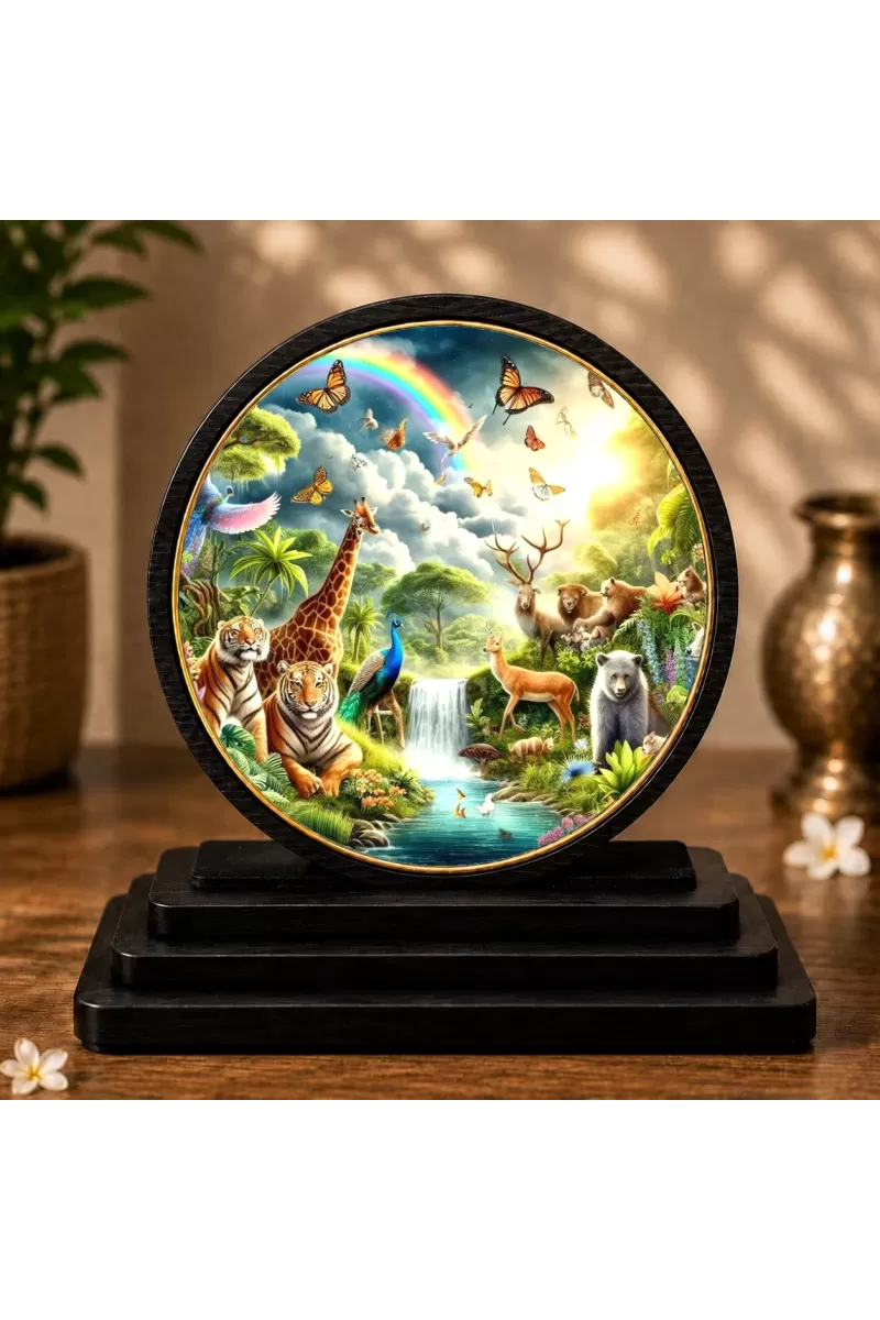 Premium Wooden Wonderful Animals With A Wildlife Scene Showpiece For Car Dashboard & Office Table | 4 X 4.5 Inch Sublimation Printed Decorative Stand | 4 Mm MDF | Home Decor | Made In India (F33390)