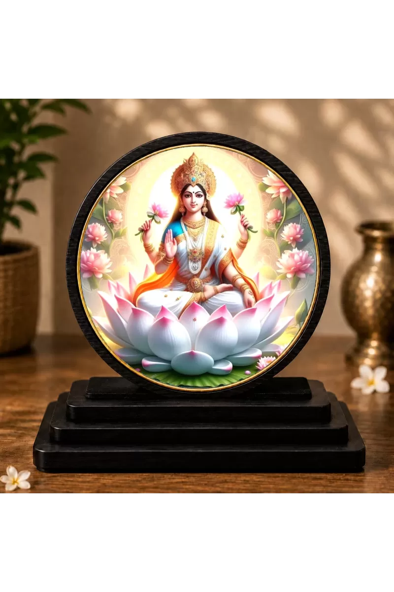Premium Wooden Goddess Laxmi Showpiece For Car Dashboard & Office Table | 4 X 4.5 Inch Sublimation Printed Decorative Stand | 4 Mm MDF | Home Decor | Made In India (F33391)