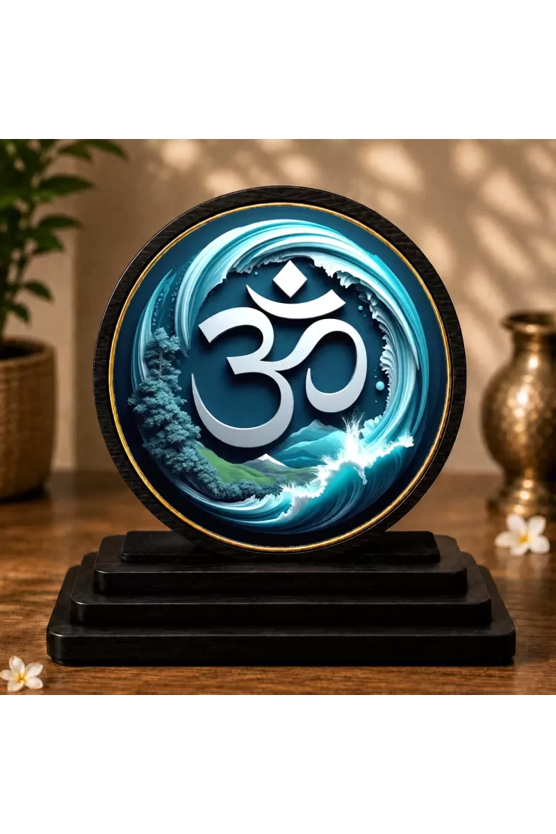 Premium Wooden  Om Symbol Showpiece For Car Dashboard & Office Table | 4 X 4.5 Inch Sublimation Printed Decorative Stand | 4 Mm MDF | Home Decor | Made In India (F33393)