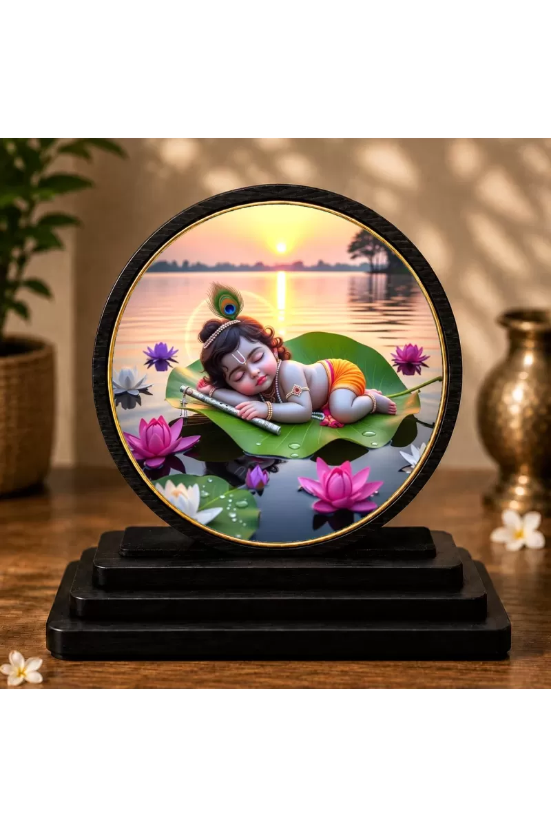 Premium Wooden  Bal Gopal Showpiece For Car Dashboard & Office Table | 4 X 4.5 Inch Sublimation Printed Decorative Stand | 4 Mm MDF | Home Decor | Made In India (F33395)