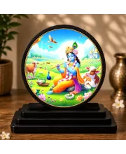 Premium Wooden Lord Krishna Showpiece For Car Dashboard & Office Table | 4 X 4.5 Inch Sublimation Printed Decorative Stand | 4 Mm MDF | Home Decor | Made In India (F33396)